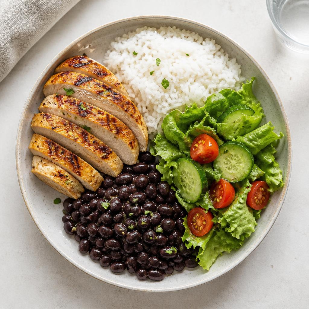 Prato com frango grelhado, arroz, feijão e salada